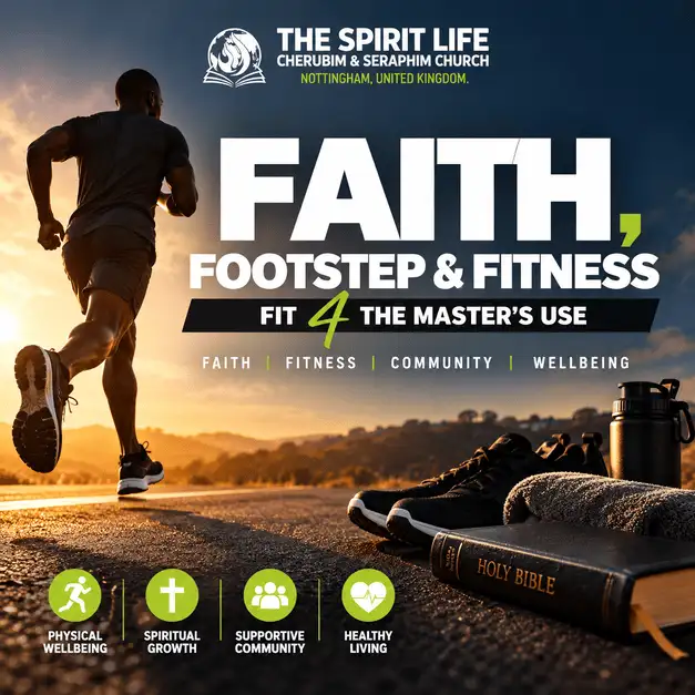 Faith, Footstep & Fitness flyer: Fit 4 the Master's Use. Faith, fitness, community and wellbeing. Physical wellbeing, spiritual growth, supportive community, healthy living.