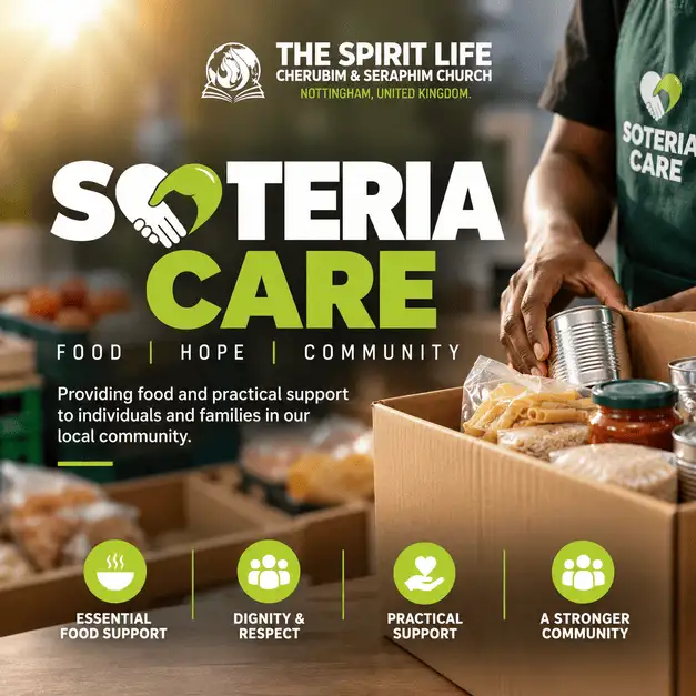 Soteria Care flyer: Food, hope, community. Providing food and practical support to individuals and families in our local community. Essential food support, dignity and respect, practical support, a stronger community.